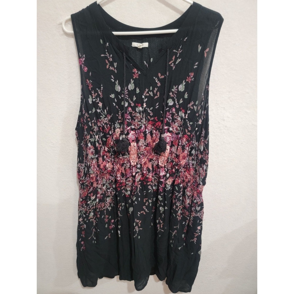 Maurices Plus Size 3‎ (3X) Black Pink Floral Tassel V-Neck Smocked Waist Dress